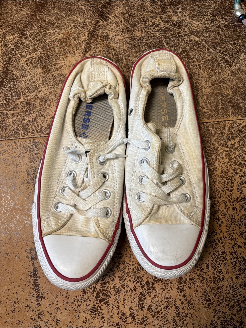 Converse Women Low-Top Canvas Sneakers in White with Red Trim